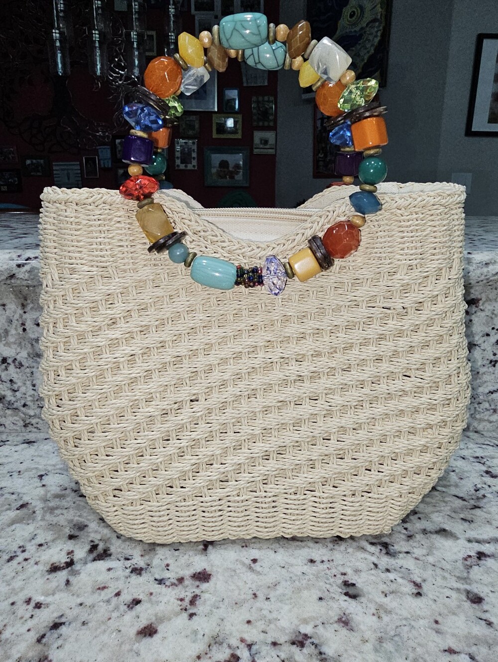 CAPPELLI Woven Straw Satchel Purse Handbag Beaded Handle